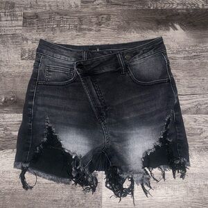 Risen Jeans Black Denim Shorts Women Small Asymmetrical Front Distressed Casual